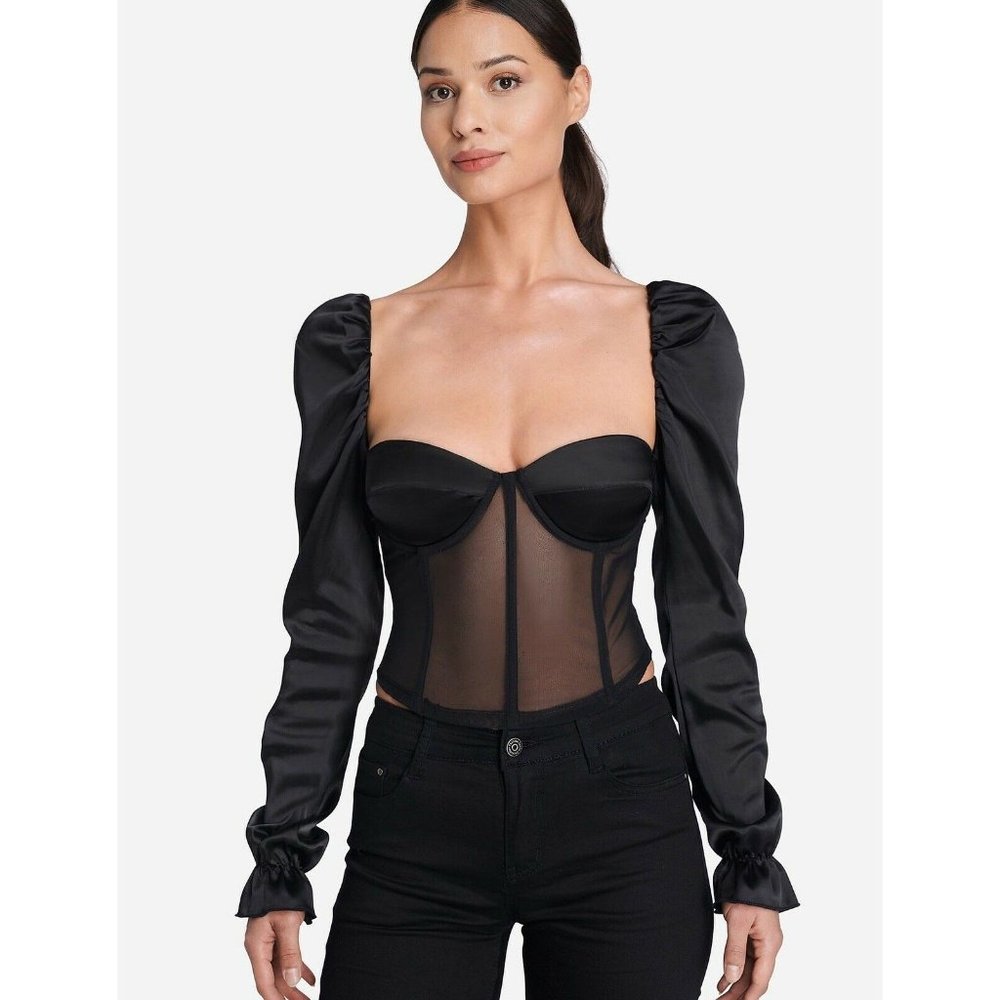 OW Intimates Shae Puff Top Black Caviar Corset Sexy Satin Mesh M NWOT $150